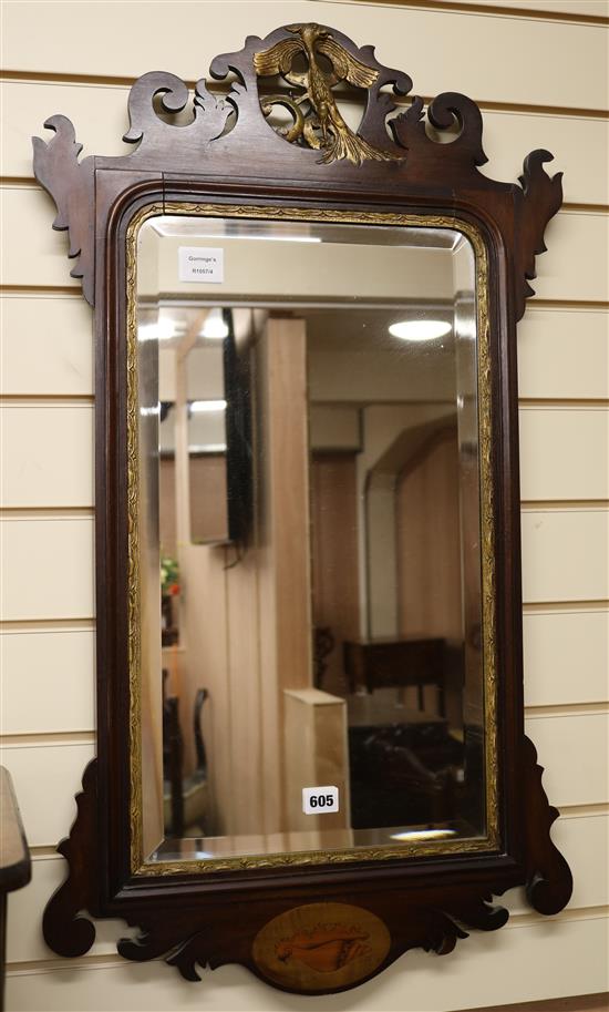 A George III style inlaid mahogany fret frame wall mirror, W.50cm H.90cm